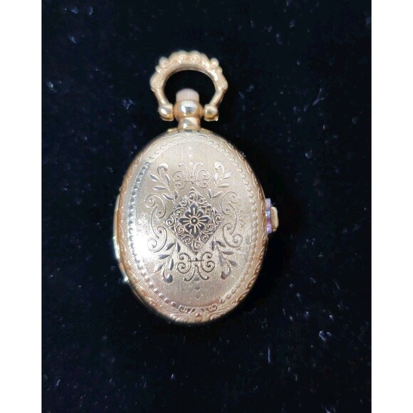 Vintage Oval Etched Quartz Pocket Watch Gold tone Pendant Not Working Butterfly main image 9